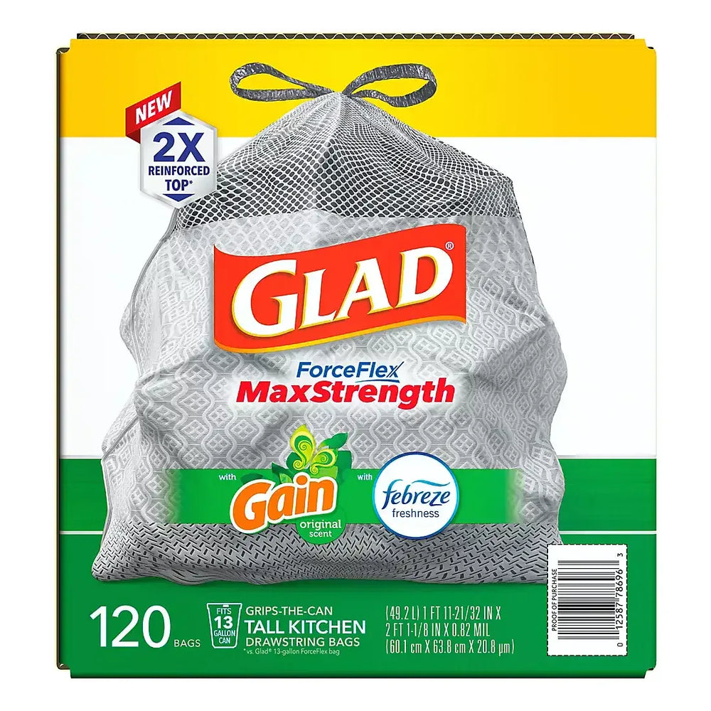 Glad ForceFlex MaxStrength Tall Kitchen Trash Bags - Gain Original with Febreze Freshness, 120 ct./13 gal. - USA MEGA SHOP