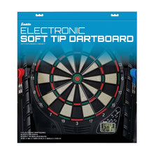 Electronic soft-tip dartboard set packaging showing dartboard and digital score panel