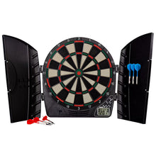 Electronic soft-tip dartboard in open cabinet with darts and score display