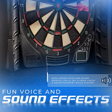 Electronic soft-tip dartboard close-up with digital scoreboard and control panel