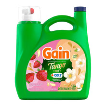 Gain Tango Twist detergent bottle with strawberry and floral graphics, green cap