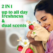 Laundry freshness ad with woman hugging a shirt, strawberry and flower graphics