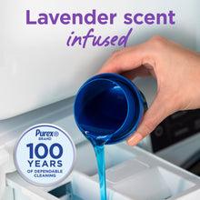 Purex liquid detergent pouring from bottle cap, blue liquid with lavender scent theme.