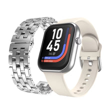 Ivory smartwatch with square AMOLED display and silver metal link band