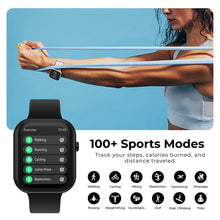 Black smartwatch with sports mode icons on screen, on wrist strap