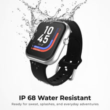 Black water-resistant smartwatch with curved screen and perforated silicone band