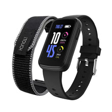 iTOUCH Active 5 smartwatch with black silicone band and nylon strap, fitness display on.