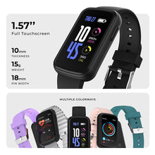 Black smartwatch with full-touch screen and black silicone strap, side and front view.