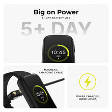 Black smartwatch front view with battery life callout and magnetic charging cable detail.