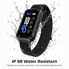 Smartwatch with black case and black nylon strap, shown splash and water droplets.
