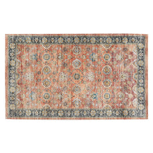 Red and grey patterned accent mat with ornate border and distressed texture