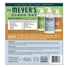 Mrs. Meyer's Clean Day hand soap variety pack box back, product details and label
