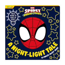 Spidey night-light story book cover with red mask and star graphics