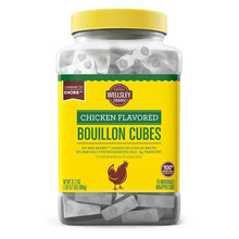 Chicken flavored bouillon cubes jar with yellow label and gray cube contents