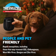 Black mosquito repeller device with three indicator lights near dog