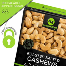 Roasted salted cashews in resealable zipper pouch, close-up