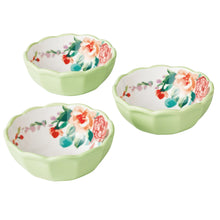 Ceramic dip bowls set with pale green edges and colorful rose floral print