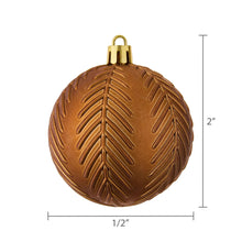 Brown shatterproof Christmas ball ornament with leaf-texture pattern and gold top, 2 in