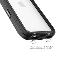 Waterproof phone case side view with black frame and port cutouts