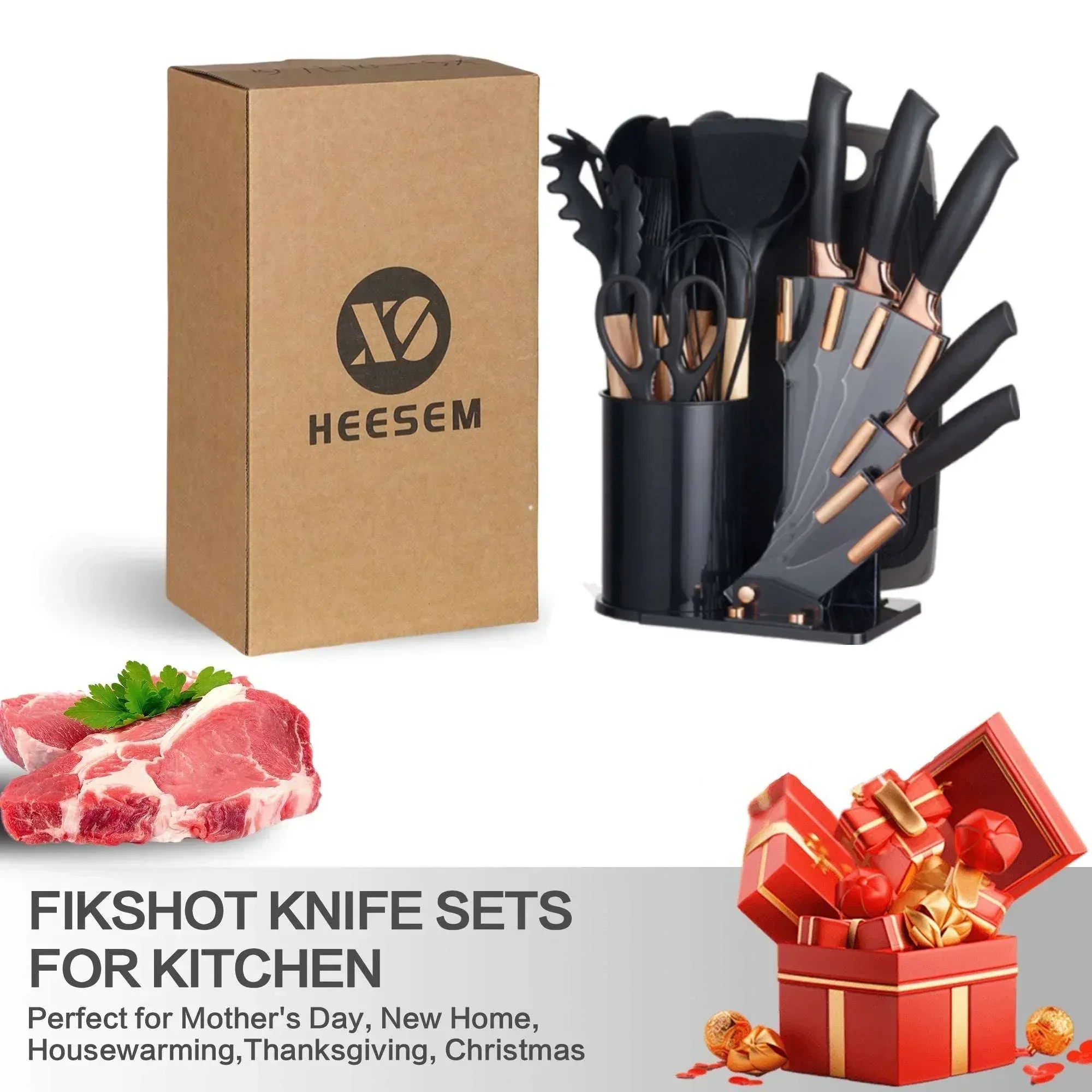 HEESEM 19-Piece Silicone Kitchen Utensil & Knife Set - Heat-Resistant Cooking Tools Non-Stick Safe Gift for Mom or Women Black