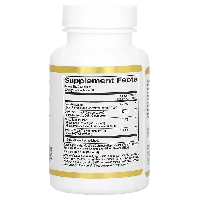 California Gold Nutrition, Longevity Boost with trans-Resveratrol, Olive Leaf Extract, Grape Extract Blend and Medium Chain Triglycerides, 60 Veggie Capsules