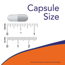 Capsule size illustration with a small pill and centimeter/inch measurement marks