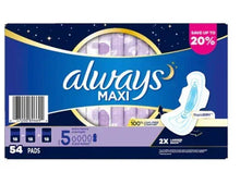 Always Maxi extra heavy overnight pads, 54 count package with wings