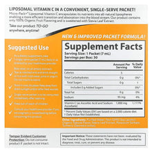Liposomal Vitamin C supplement box back panel with Supplement Facts and directions.