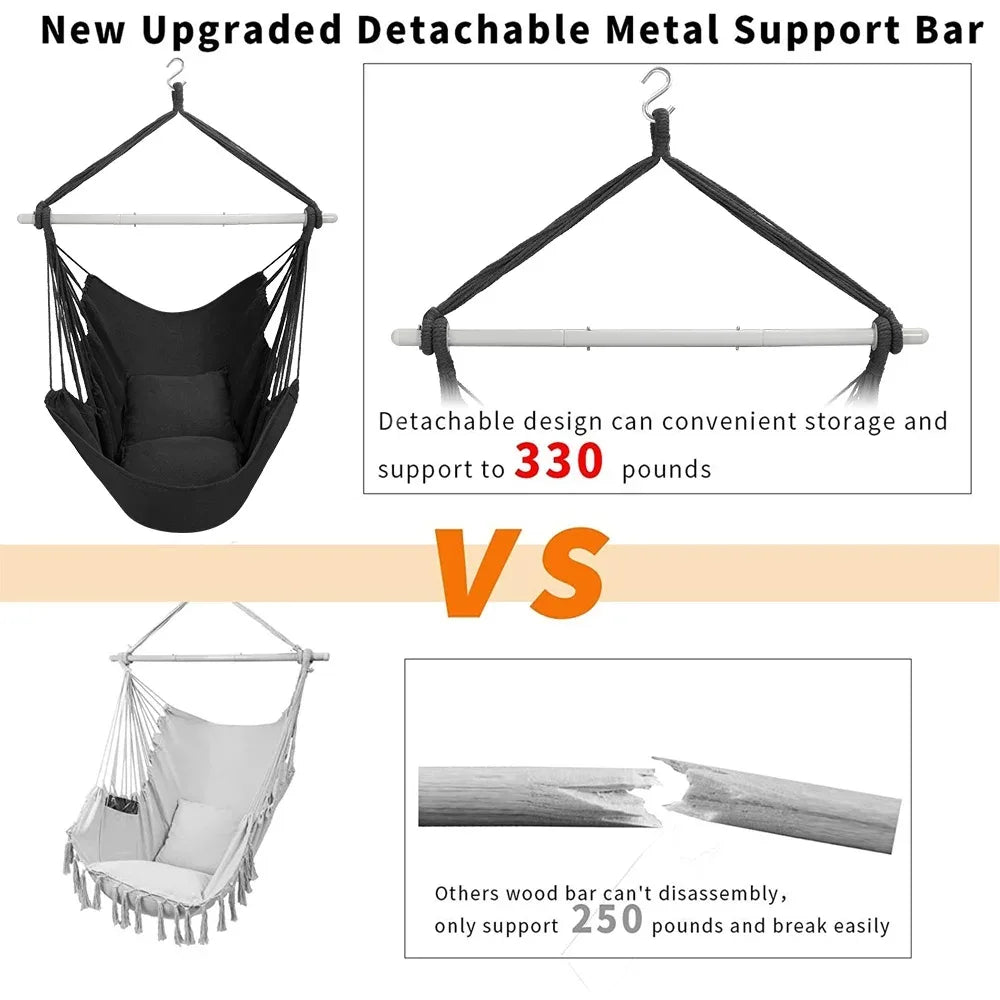 Large Hammock Chair Swing, Relax Hanging Rope Swing Chair with Detachable Metal Support Bar & Two Seat Cushions, Cotton Hammock Chair Swing Seat for Yard Bedroom Patio Porch Indoor Outdoor - USA MEGA SHOP
