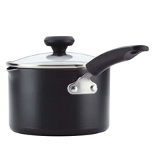 Black nonstick sauce pan with lid, pour spout, and side helper handle