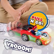 Red push-and-go car with Mickey driver and colorful lights on the wheels