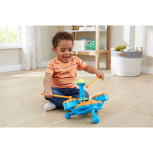 Kids drum set in blue and orange with yellow center drum and two mallets