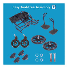 Transport chair components shown: blue frame pieces, wheels, and footrest parts for assembly