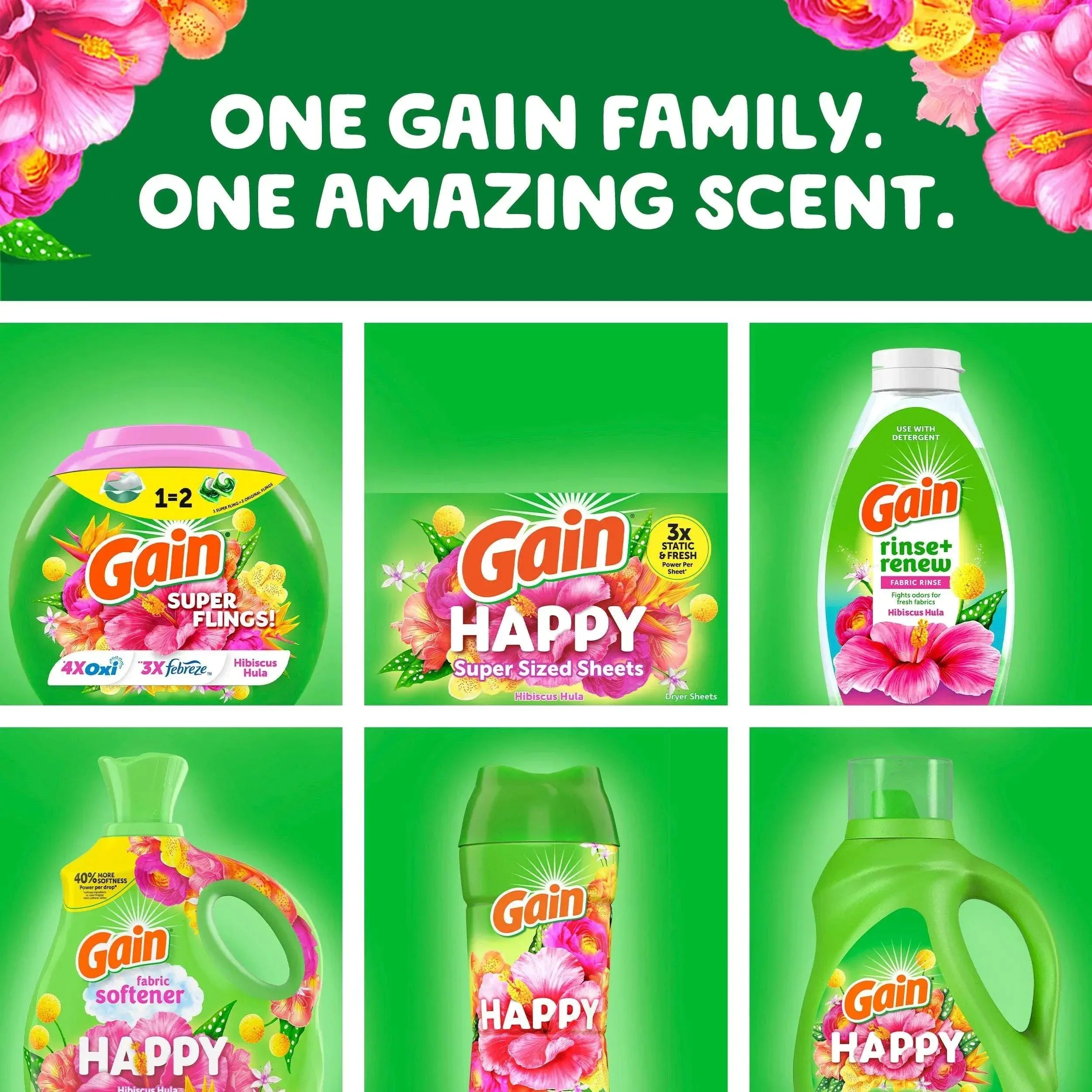 Gain Happy Super-Sized Flings Laundry Detergent Packs, Hibiscus Hula Scent, 18 Count