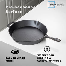 Black 12-inch cast iron skillet with helper spout, side handle, and wide cooking surface