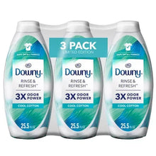 Downy rinse-and-refresh fabric softener 3-pack, teal and white bottles