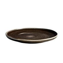 Stoneware dinner plate, dark brown glaze with speckled finish and light rim