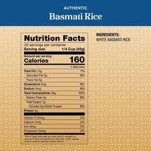 Nutrition facts panel for basmati rice showing calories per serving