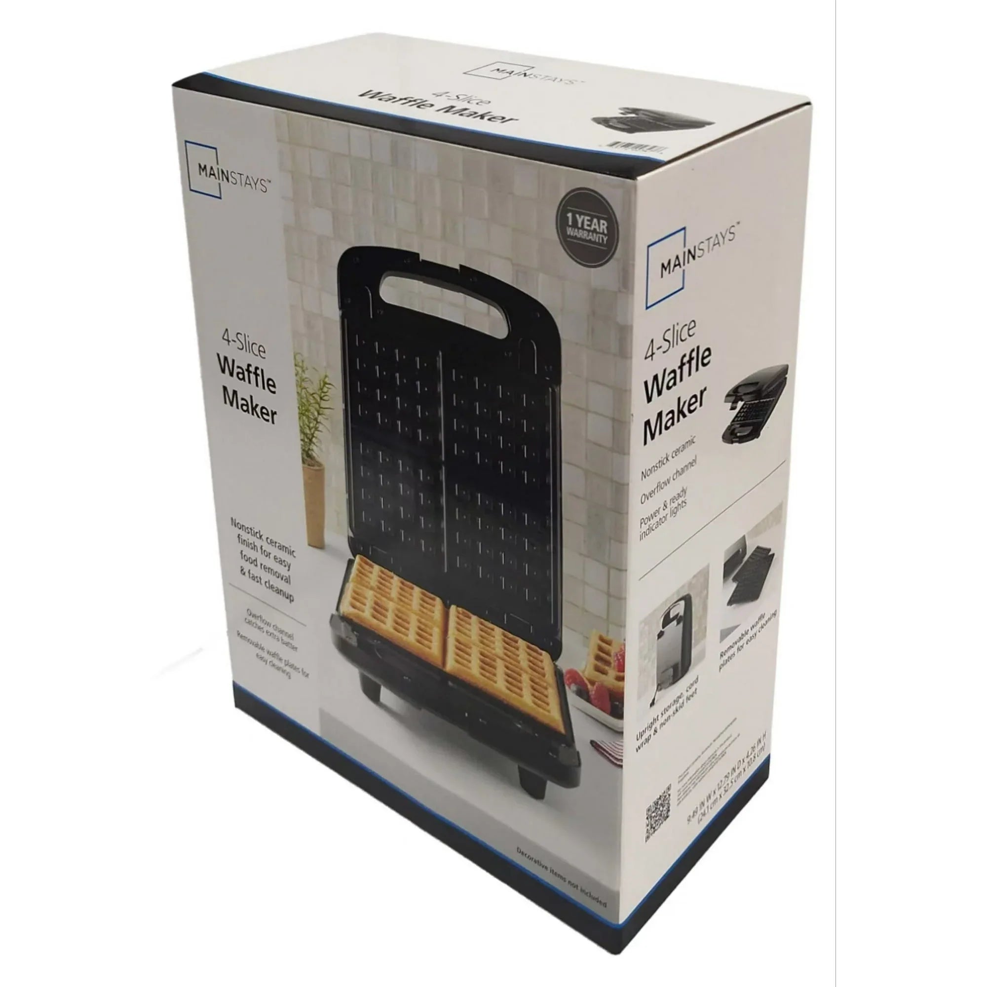 Mainstays 4 Slice Waffle Maker, Removable Plates, Black Matte, Model MS8400778514-1 - USA MEGA SHOP