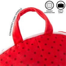 Red kids bean bag chair with carry handle and dotted fabric cover