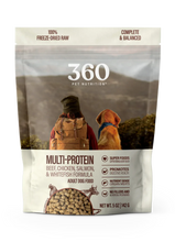 Freeze-dried dog food pouch, Multi-Protein blend with illustrated kibble, 360 Pet Nutrition