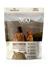 Freeze-dried dog food bag showing Multi-Protein kibble and 360 Pet Nutrition logo