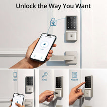 Keyless smart door lock options shown with keypad and mobile unlock on phone
