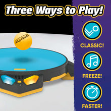 Electronic action game base with blue play surface and three mode icons