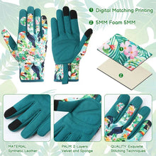 Floral gardening gloves with teal palms and multicolor flower print, five-finger design