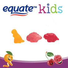 Equate Kids multivitamin gummies with three colorful gummy shapes and brand logo