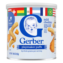 Gerber snack container labeled “mild cheddar” with crawler 4+ months icon