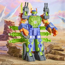 Transforming robot action figure with green, blue, and orange armor and twin cannon arms