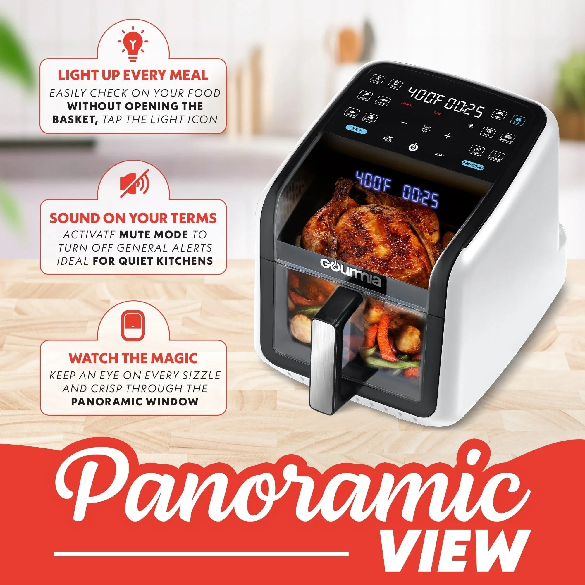 Gourmia Panorama 7-QT Digital Air Fryer with Panoramic View, Holographic Display, & 12 Presets, White - USA MEGA SHOP