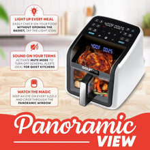 Digital air fryer with panoramic viewing window and illuminated light icon